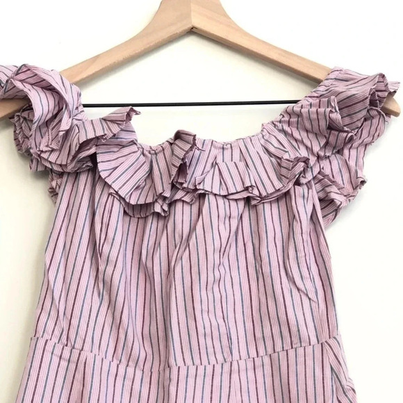 New Wayf Gayle pink Striped print Off the Shoulder Ruffle Shift dress - Picture 3 of 8